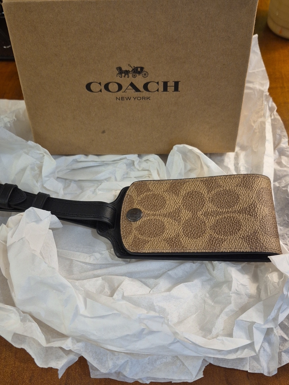 Coach Tan and Black Signature Luggage Tag In Coach Box
